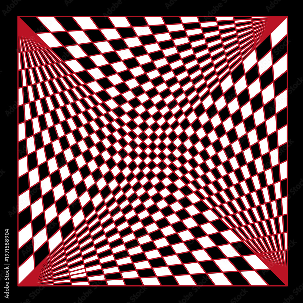 Obraz premium Black and white op-art checkered pattern. Modern monochrome geometric warp background for creative design projects
