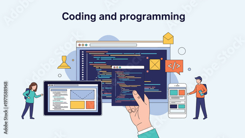 Coding and programming concept illustration shows people using multiple digital devices to develop software with complex line of code.