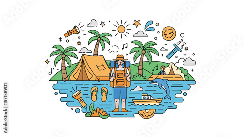 Summer camping adventure scene features a hiker with a backpack alongside a tent and tropical elements for an outdoor holiday theme.