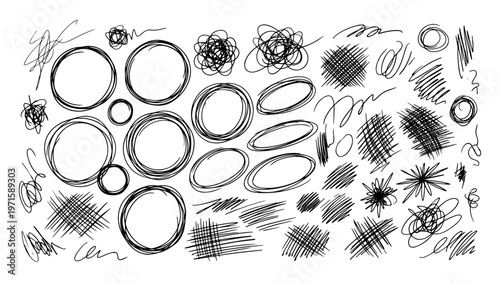 Freehand Sketch Circles and Scribbles Vector Set on White Background, freehand sketches, hand-drawn circles, ellipses vector, scribbles illustration, line clusters, sketch practice, gesture drawing, 