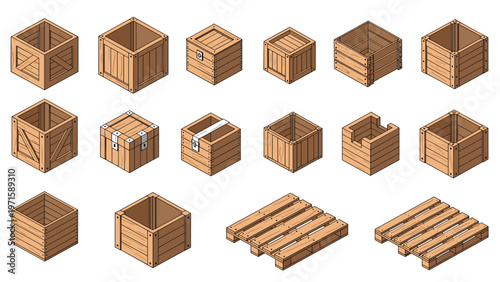 Large collection of isometric wooden crates and shipping pallets are shown in various styles for logistics and warehouse storage.