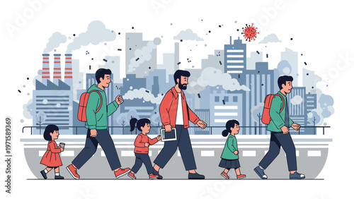 Families walk along a city sidewalk while smog from distant factories and virus symbols fill the air to highlight urban pollution.