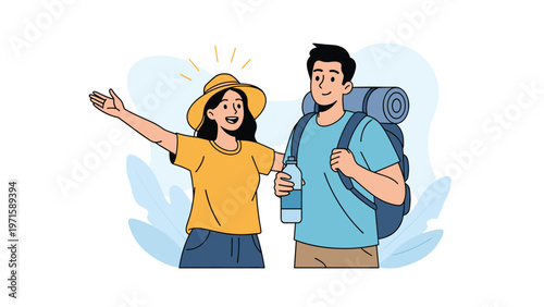 Cheerful hikers with full backpacks enjoy a trek together through nature while pointing toward their next scenic destination.