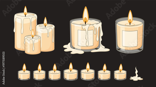 Extensive set of aromatic scented candles and small tea lights is presented in various glass jars on a dark and moody background.