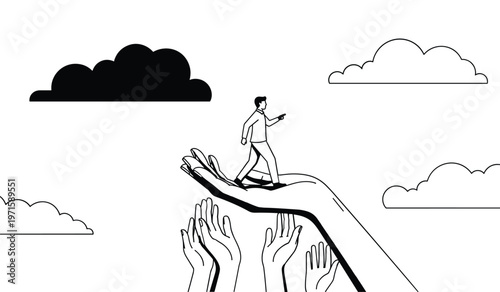 Businessman walking on giant hand surrounded by clouds and helping hands