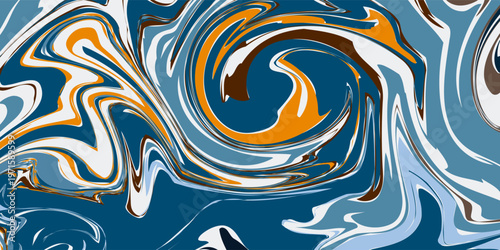 Fluid art texture. Background with abstract mixing paint effect. Liquid acrylic picture that flows and splashes. Mixed paints for posters or wallpapers. White, blue and golden overflowing colors