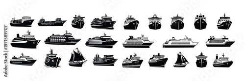 Collection of black silhouettes of various ships and boats