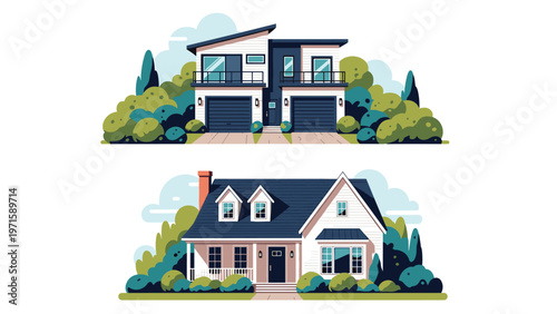 Pair of modern residential houses illustrates different architectural styles from a boxy contemporary design to a classic family home.