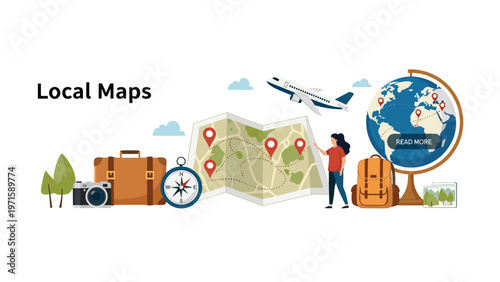 Comprehensive travel planning concept featuring a woman looking at a map surrounded by globes, cameras, suitcases, and planes.
