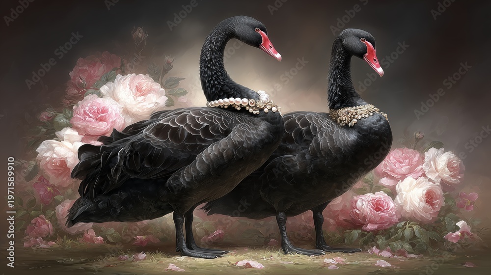 Obraz premium Illustration of two black swans, one in profile and one in the background, decorated with white pearls and surrounded by blooming flowers.Artistic, elegant, and whimsical style suitable for decorative
