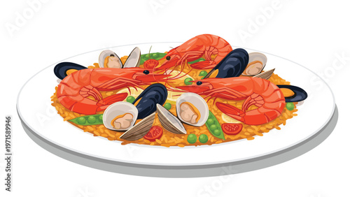 Traditional Spanish seafood paella served on a white plate with fresh shrimp, mussels, clams, and vegetables on a bed of yellow rice.