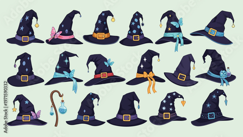 Extensive collection of colorful witch and wizard hats decorated with stars, butterflies, and ribbons for fantasy and Halloween themes.