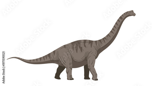 Profile view of a large long-necked dinosaur species with striped patterns on its skin for paleontology and education.