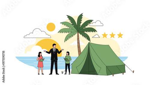Real estate agent or tour guide presenting a beach camping site with a green tent and palm tree during sunset.