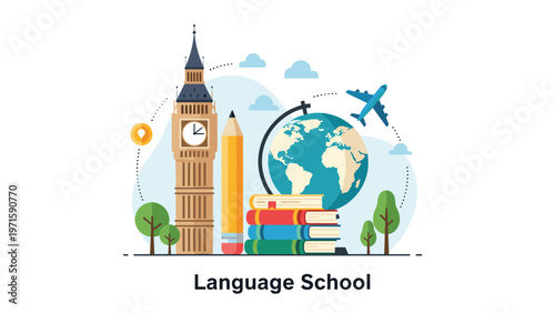 Language school concept featuring iconic landmarks like Big Ben, a globe, books, and airplanes to represent global learning.