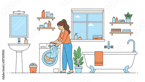 Woman loading a washing machine in a clean, brightly lit bathroom with a bathtub, sink, and various hygiene supplies.