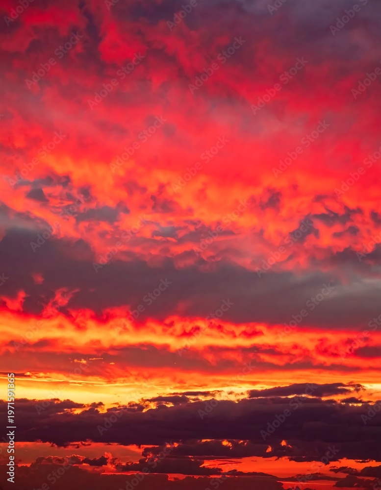 Fototapeta premium Vibrant Red and Orange Sunset Sky with Dramatic Cloud Formations.