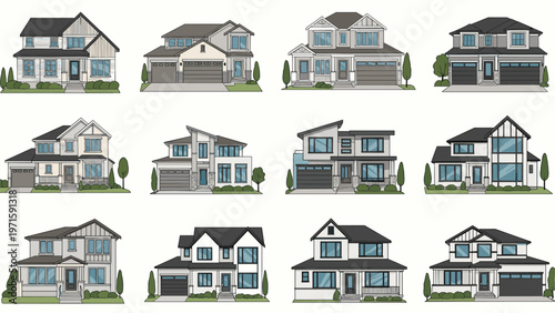 Diverse collection of modern residential house designs in various architectural styles for real estate and construction projects.