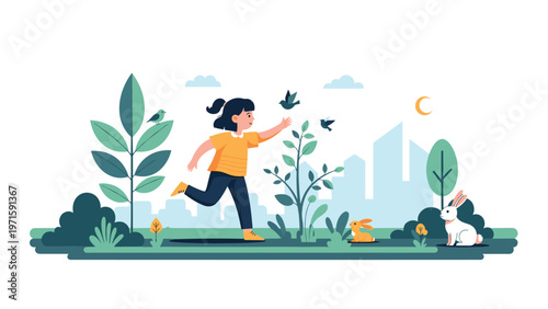 Little girl runs happily through a sunny park filled with green plants, flying birds, and small white rabbits in a flat vector style.