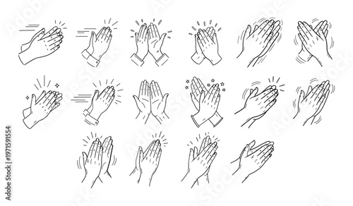 Various hand clapping gestures in black and white line style hands applause celebration