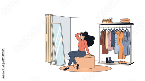 Young woman tries on various outfits in a stylish walk-in closet or boutique dressing room while sitting on a comfortable ottoman stool.
