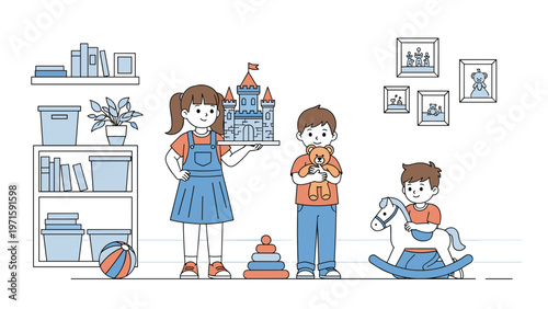 Group of happy children play together in a bright playroom with a toy castle, teddy bear, rocking horse, and various educational toys.