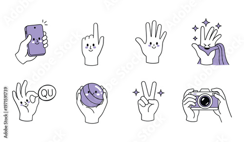 Collection of hand gestures and symbols in purple and white hands
