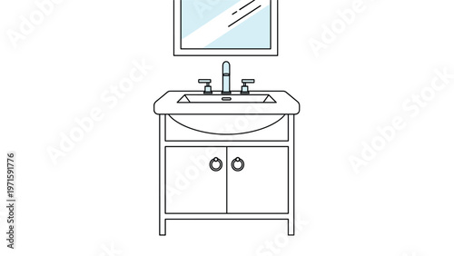 Minimalist line drawing of a modern bathroom vanity unit featuring a white sink, faucet, handles, cabinet doors, and an overhead mirror.