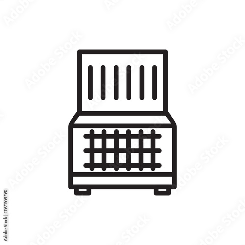Safety cage icon symbolizing mine transit, representing shaft elevator hardware, personnel lift tools, vertical transport gear, subsurface safety systems, and industrial hoisting enclosure logistics.