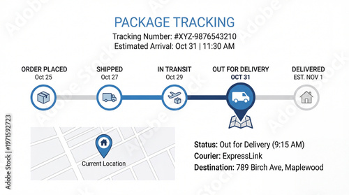 Simple vector illustration of package tracking system with delivery progress and location indicator.