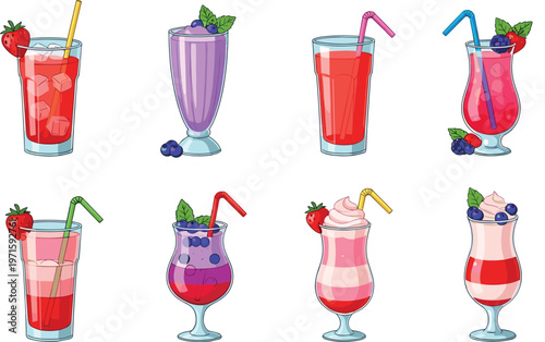 Colorful fruit cocktails and smoothies vector set, refreshing summer drinks with berries, mint and straws, sweet beverage illustration isolated on white background