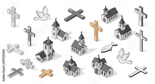 Isometric religious symbols including churches crosses doves and a fish