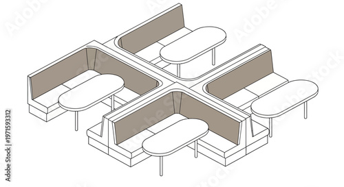 Isometric office lounge sofa layout with modern seating furniture