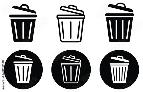 Bin signs rubbish recycling delete bucket illustration set buttons graphic junk disposal, modern icon set representing garbage disposal recycling waste sorting and delete actions for user interface