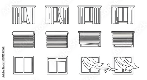 Window and curtain outline set with blinds and drapery interior elements