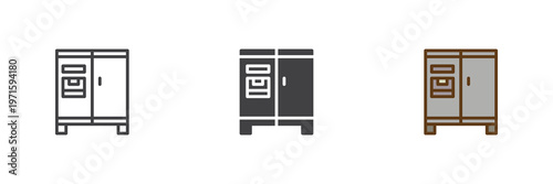 Double door fridge icon set in line, outline and solid styles. Fridge icon with editable stroke vector sign, kitchen appliance symbol, cooling device icon.