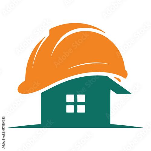 Construction worker helmet placed atop a stylized house illustration