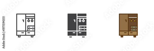 Closet wardrobe cabinet icon set in line, outline and solid styles. Closet icon with editable stroke vector sign, storage symbol, furniture element icon.