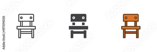 Chair furniture icon set in line, outline and solid styles. Chair icon with editable stroke vector sign, seating symbol, home interior element icon.