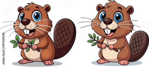 Cute cartoon beaver characters holding leaves, adorable woodland animal vector illustration set isolated on white background for kids design and mascot