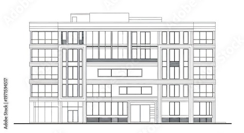 Modern apartment building facade outline architectural elevation drawing