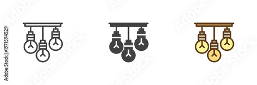 Hanging light bulbs icon set in line, outline and solid styles. Bulb icon with editable stroke vector sign, lighting symbol, electricity element icon.
