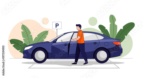 Man parking his car and taking a mandatory rest break