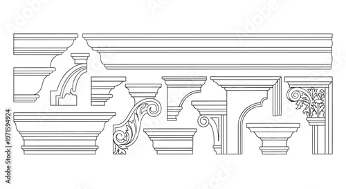 Architectural molding and decorative corbel outline set for classic interior design