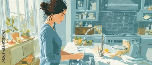 Woman filling a glass with water from a tap in a modern kitchen