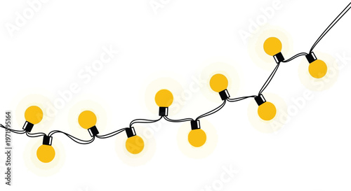 A string of bright yellow lights curves across a white background