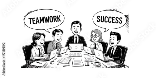 Group of people engaged in a serious business meeting with speech bubbles showing frustration and success Vector