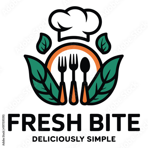 Fresh bite logo featuring chef hat, utensils, and leafy elements for a simple dining concept