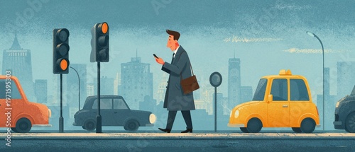 Man checking his watch while walking on a busy city street with traffic