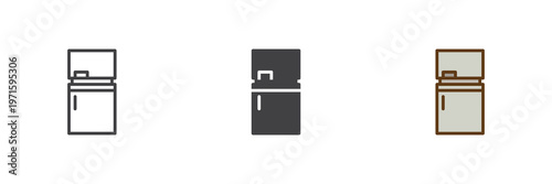 Kitchen fridge icon set in line, outline and solid styles. Fridge icon with editable stroke vector sign, cooling appliance symbol, kitchen element icon.